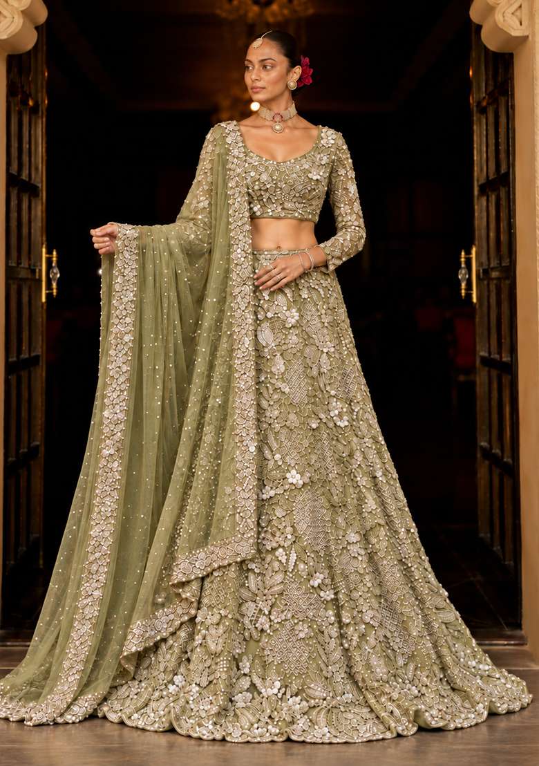 Olive Green Sequin and Cutdana Embellished Net Lehenga Set with Matching Dupatta - Indya