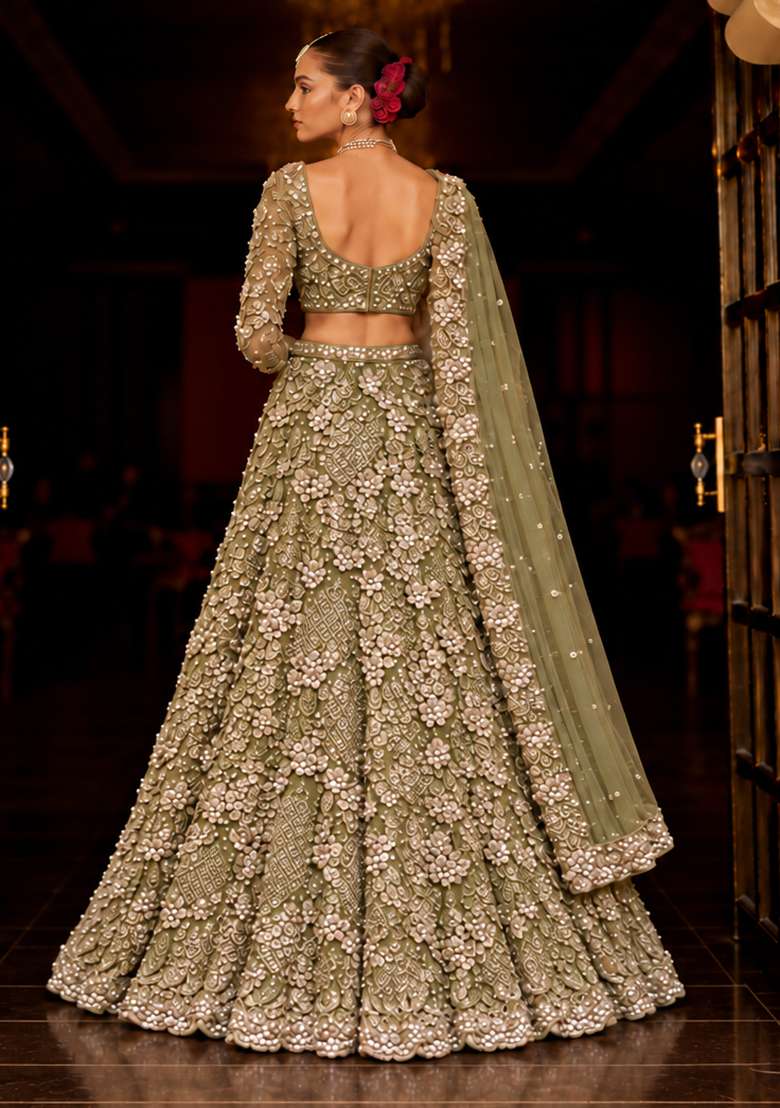 Olive Green Sequin and Cutdana Embellished Net Lehenga Set with Matching Dupatta - Indya