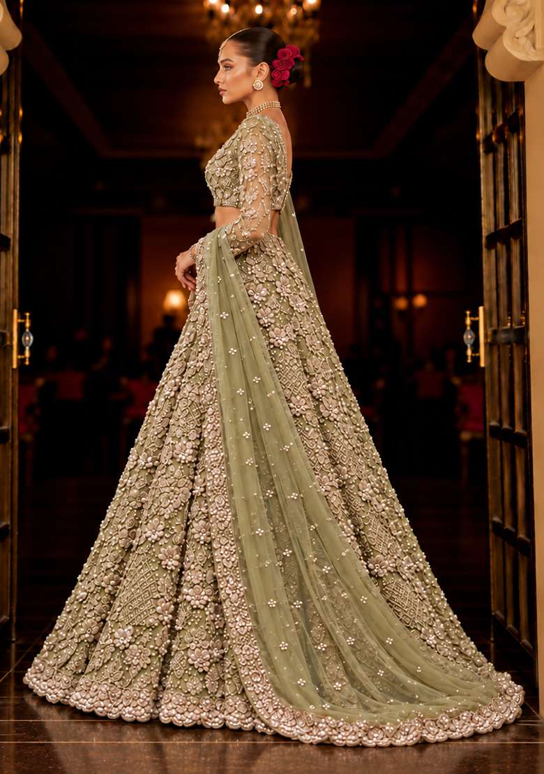 Olive Green Sequin and Cutdana Embellished Net Lehenga Set with Matching Dupatta - Indya
