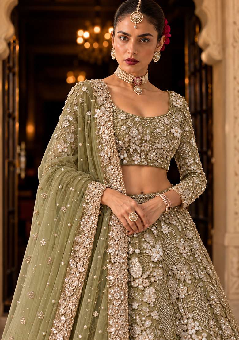 Olive Green Sequin and Cutdana Embellished Net Lehenga Set with Matching Dupatta - Indya