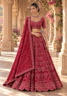 Red Cutdana Embellished Chanderi Silk Lehenga Set with Velvet Dupatta