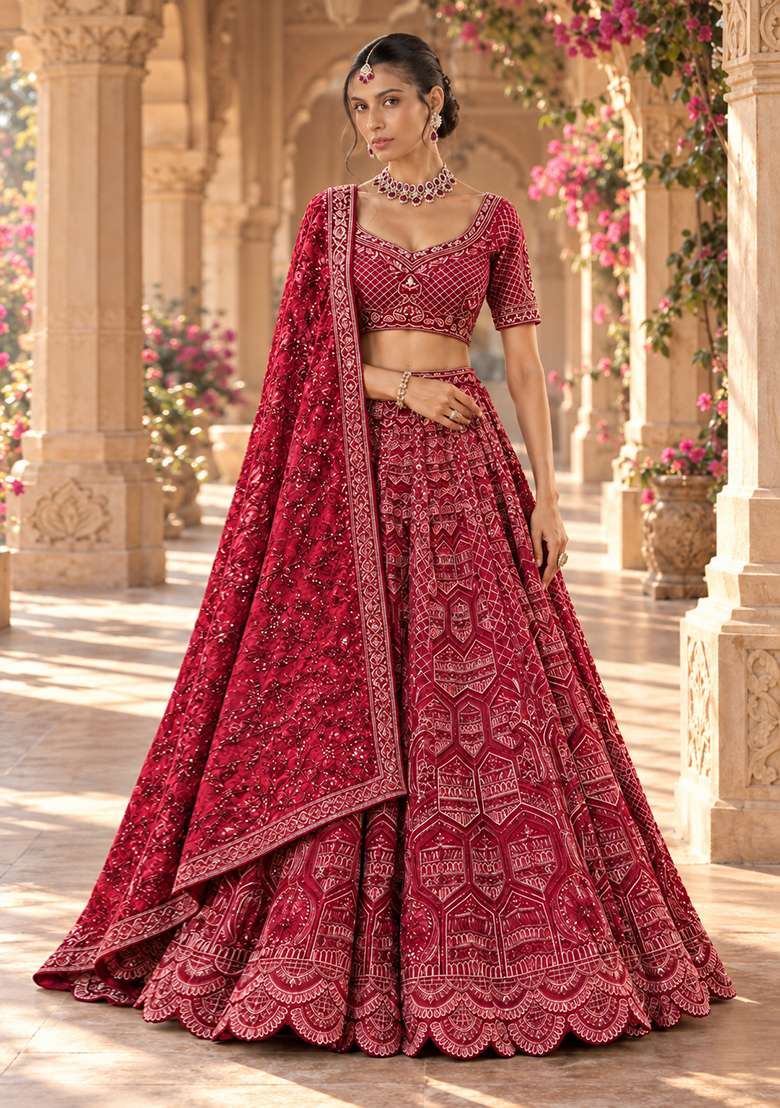Red Cutdana Embellished Chanderi Silk Lehenga Set with Velvet Dupatta - Indya