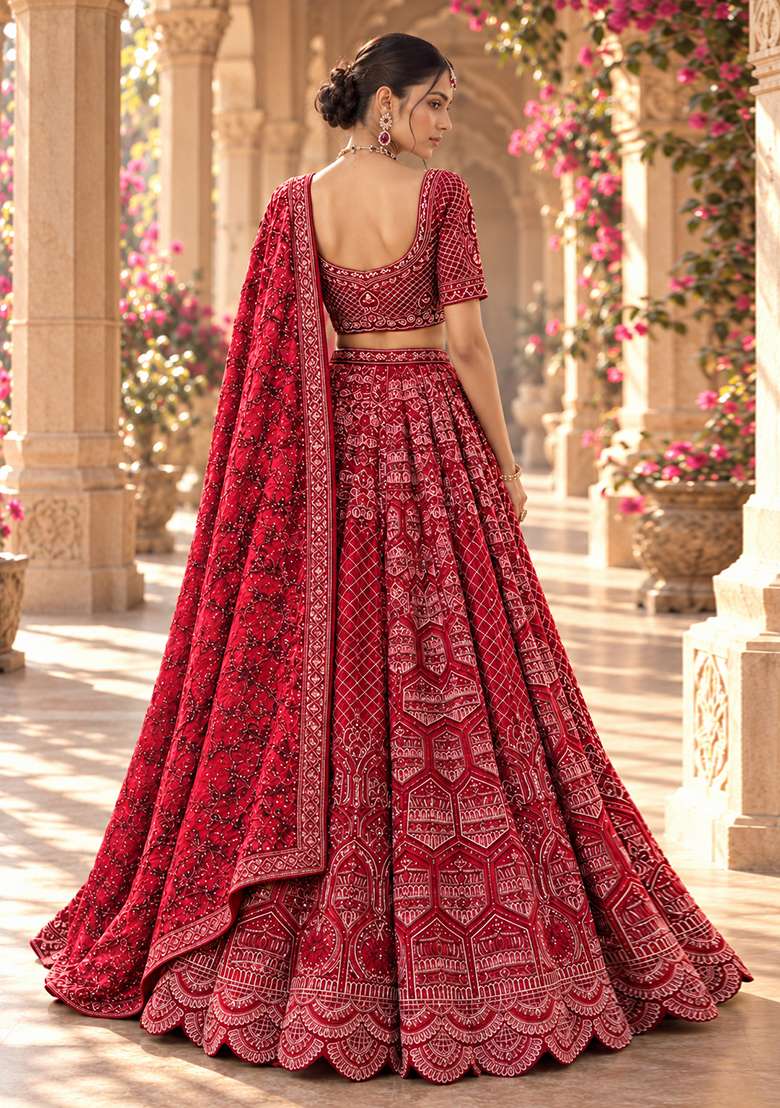 Red Cutdana Embellished Chanderi Silk Lehenga Set with Velvet Dupatta - Indya