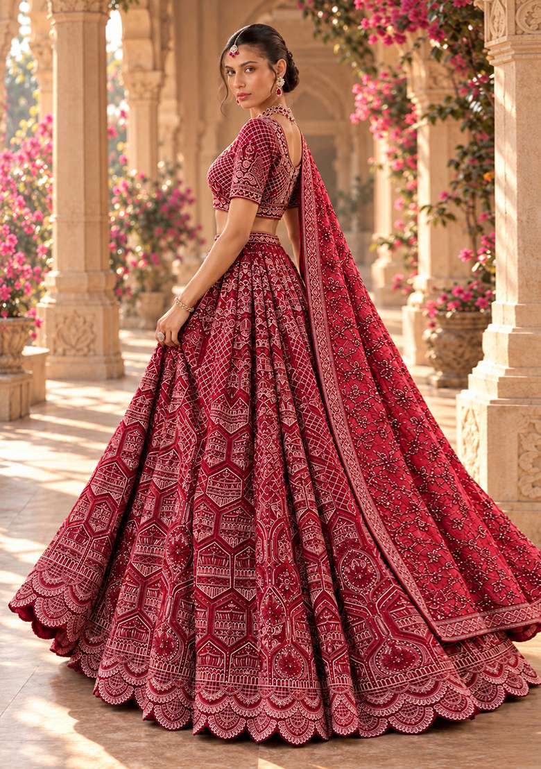 Red Cutdana Embellished Chanderi Silk Lehenga Set with Velvet Dupatta - Indya