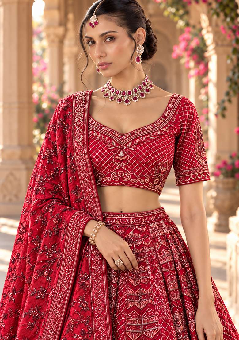 Red Cutdana Embellished Chanderi Silk Lehenga Set with Velvet Dupatta - Indya