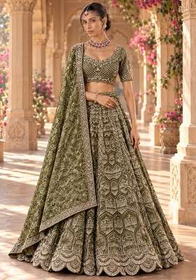 Moss Green Cutdana Embellished Chanderi Silk Lehenga Set with Velvet Dupatta
