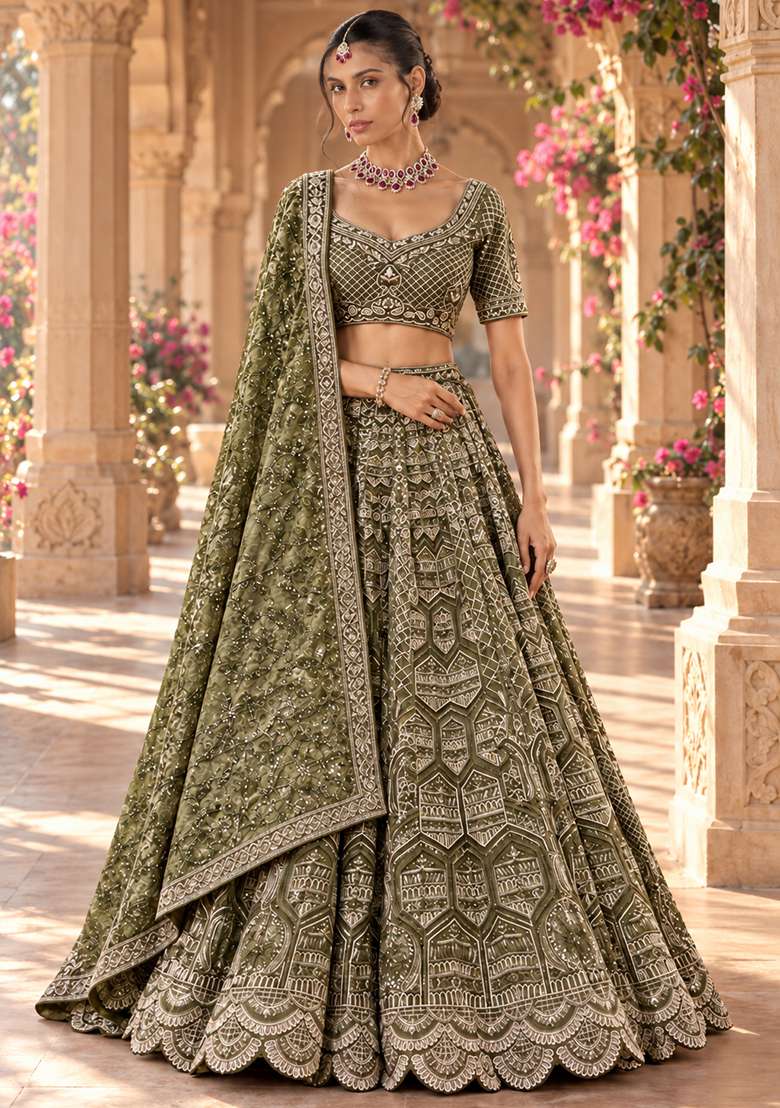 Moss Green Cutdana Embellished Chanderi Silk Lehenga Set with Velvet Dupatta - Indya