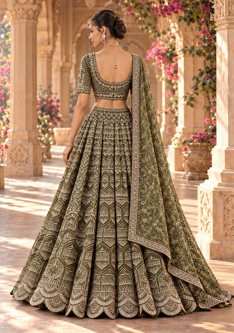 Moss Green Cutdana Embellished Chanderi Silk Lehenga Set with Velvet Dupatta - Indya