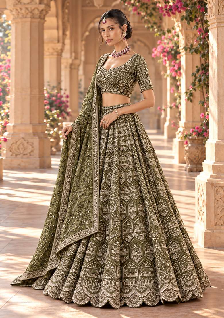 Moss Green Cutdana Embellished Chanderi Silk Lehenga Set with Velvet Dupatta - Indya