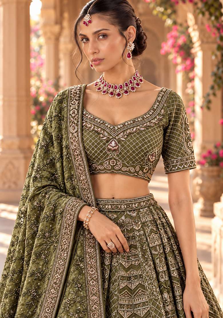 Moss Green Cutdana Embellished Chanderi Silk Lehenga Set with Velvet Dupatta - Indya