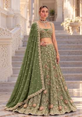 Forest Green Sequin and Bead Embellished Georgette Lehenga Set with Matching Dupatta