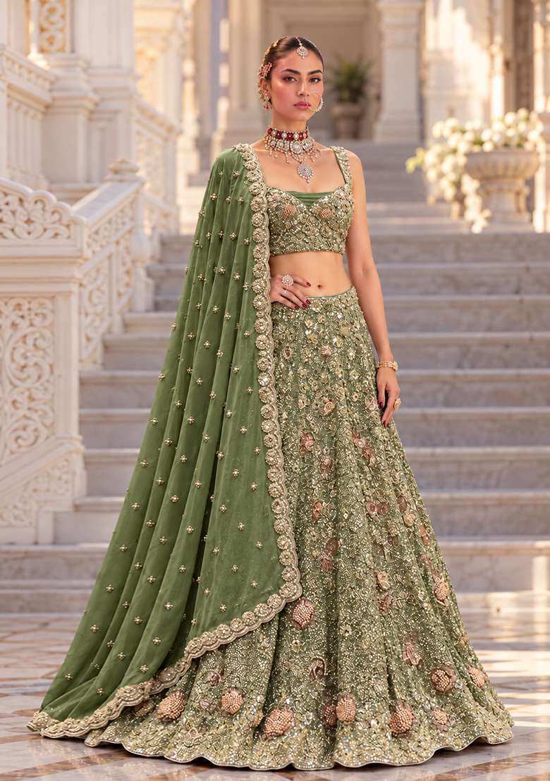 Forest Green Sequin and Bead Embellished Georgette Lehenga Set with Matching Dupatta - Indya