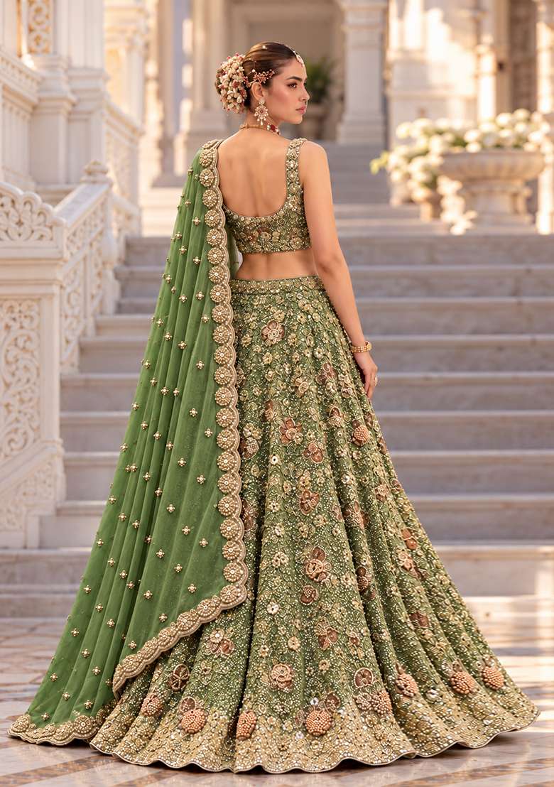 Forest Green Sequin and Bead Embellished Georgette Lehenga Set with Matching Dupatta - Indya