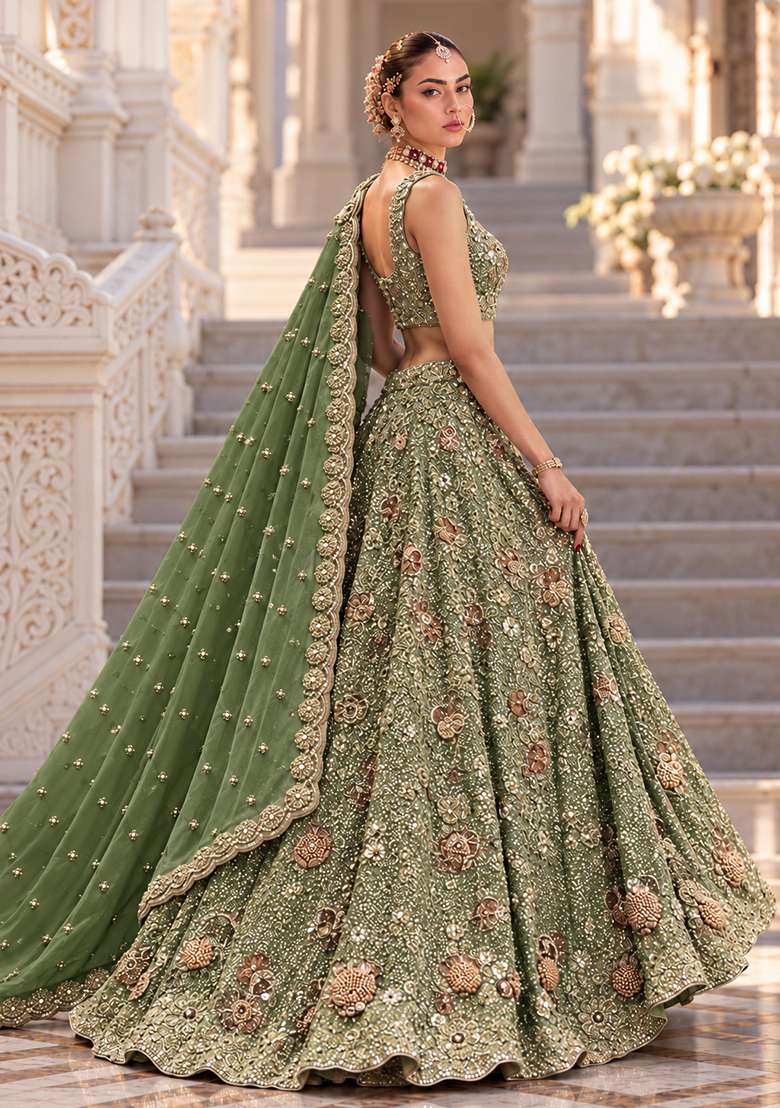 Forest Green Sequin and Bead Embellished Georgette Lehenga Set with Matching Dupatta - Indya