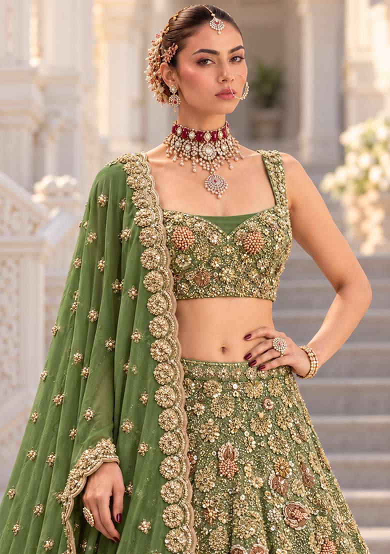 Forest Green Sequin and Bead Embellished Georgette Lehenga Set with Matching Dupatta - Indya