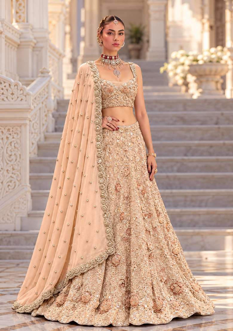 Light Peach Sequin and Bead Embellished Georgette Lehenga Set with Matching Dupatta - Indya