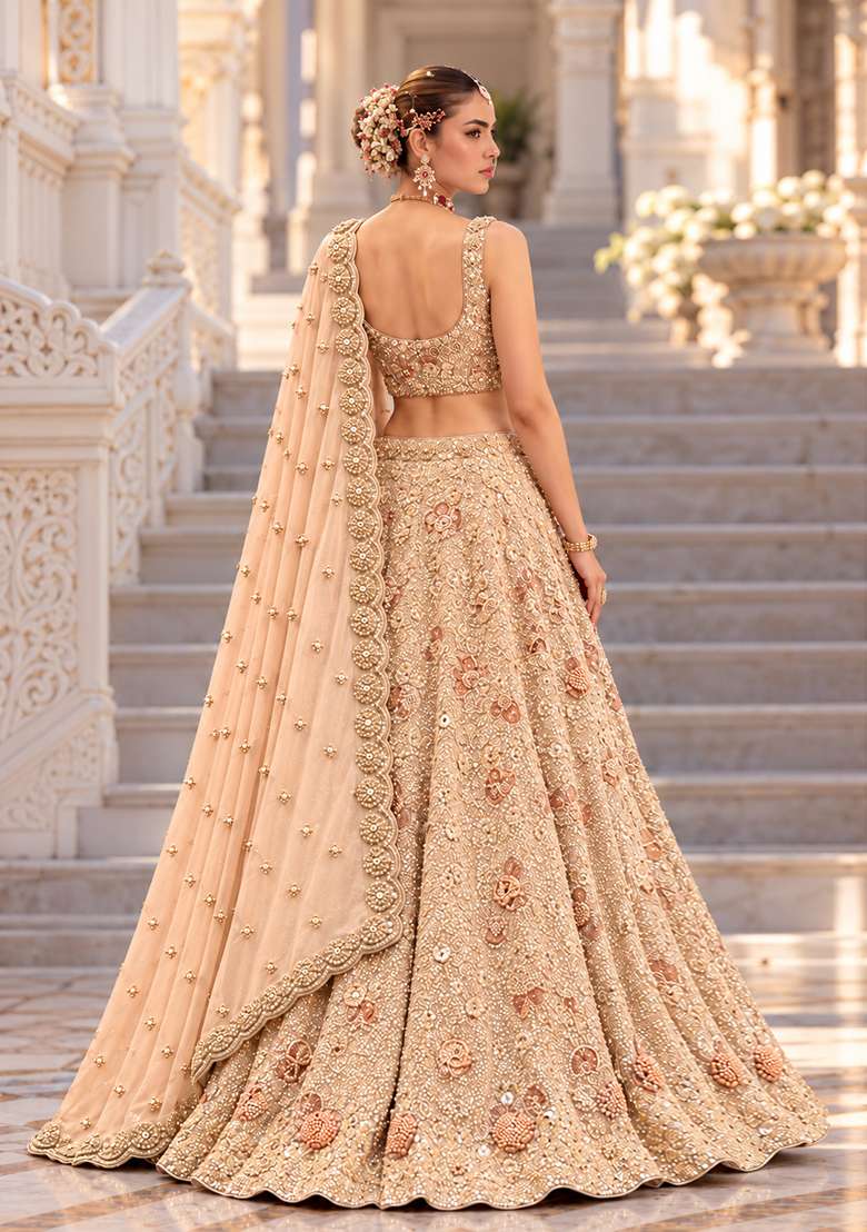 Light Peach Sequin and Bead Embellished Georgette Lehenga Set with Matching Dupatta - Indya