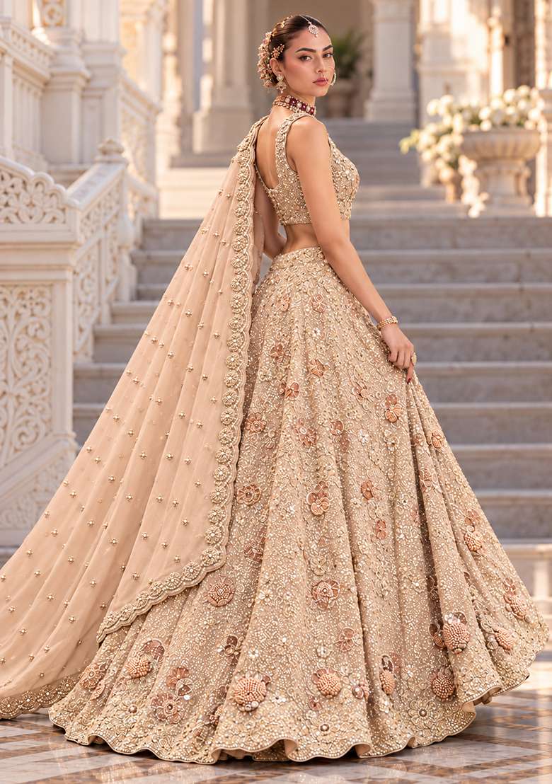 Light Peach Sequin and Bead Embellished Georgette Lehenga Set with Matching Dupatta - Indya