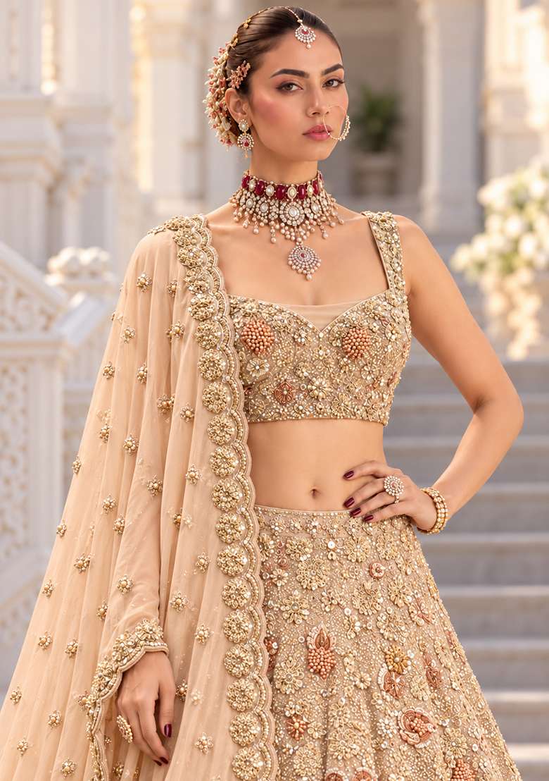Light Peach Sequin and Bead Embellished Georgette Lehenga Set with Matching Dupatta - Indya