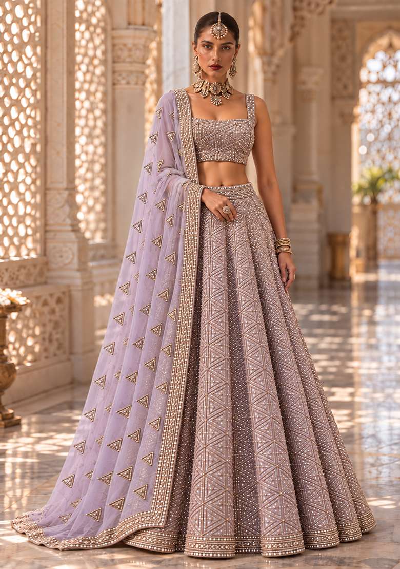 Lavender Sequin and Cutdana Embellished Georgette Lehenga Set with Net Dupatta - Indya
