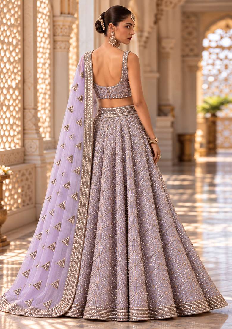 Lavender Sequin and Cutdana Embellished Georgette Lehenga Set with Net Dupatta - Indya