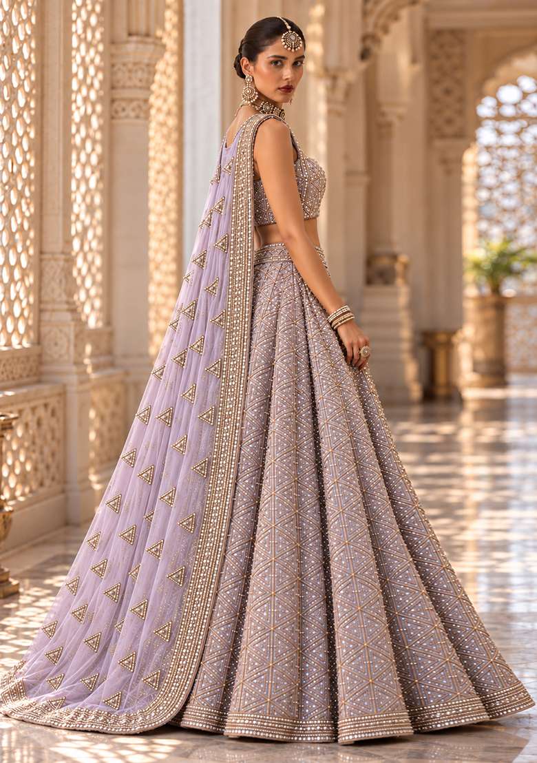 Lavender Sequin and Cutdana Embellished Georgette Lehenga Set with Net Dupatta - Indya