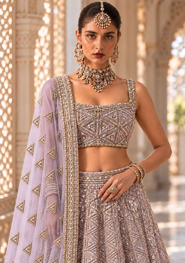 Lavender Sequin and Cutdana Embellished Georgette Lehenga Set with Net Dupatta - Indya