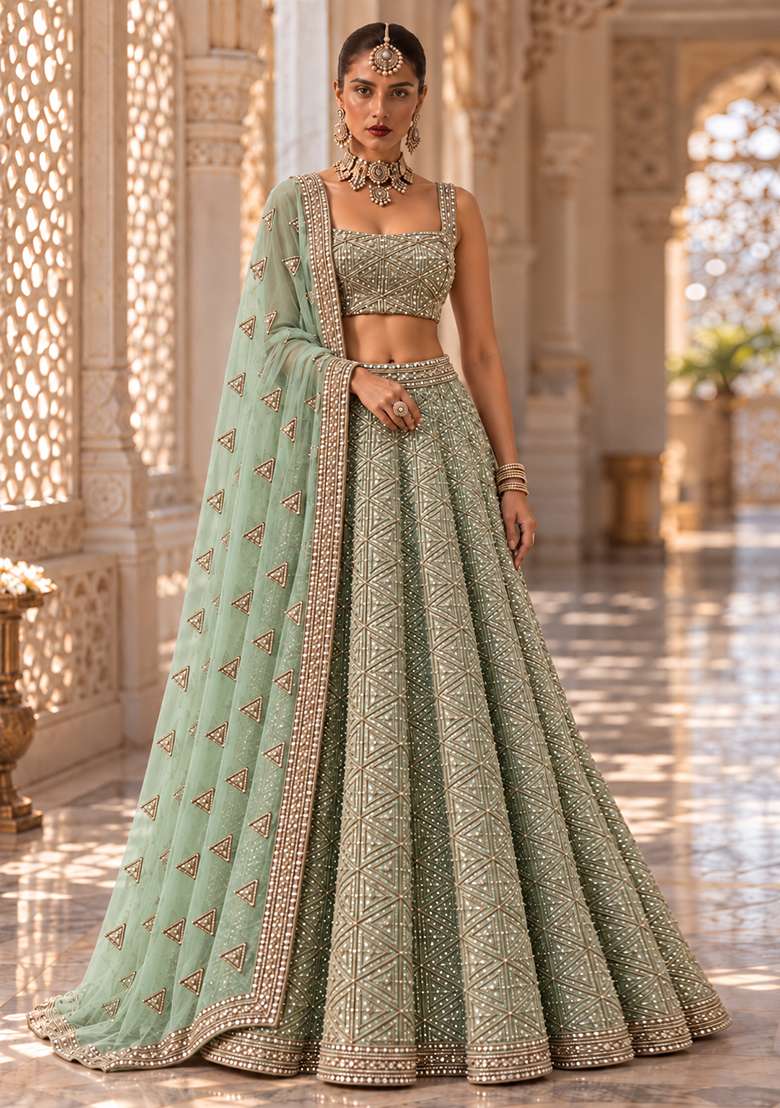 Light Green Sequin and Cutdana Embellished Georgette Lehenga Set with Net Dupatta - Indya