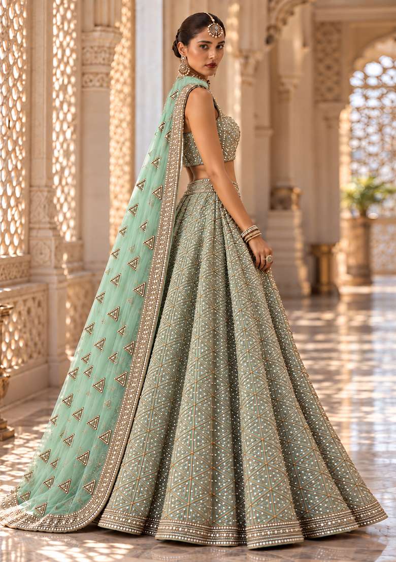 Light Green Sequin and Cutdana Embellished Georgette Lehenga Set with Net Dupatta - Indya