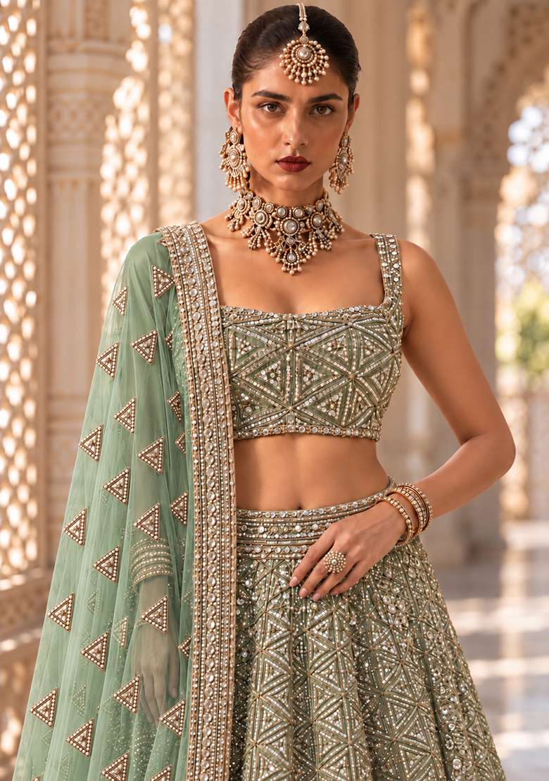 Light Green Sequin and Cutdana Embellished Georgette Lehenga Set with Net Dupatta - Indya