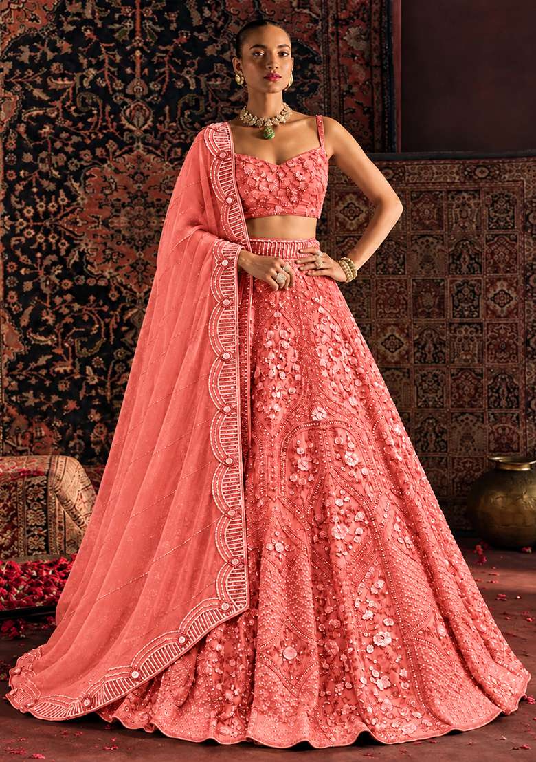 Salmon Pink Sequin and Cutdana Embellished Net Lehenga Set with Matching Dupatta - Indya