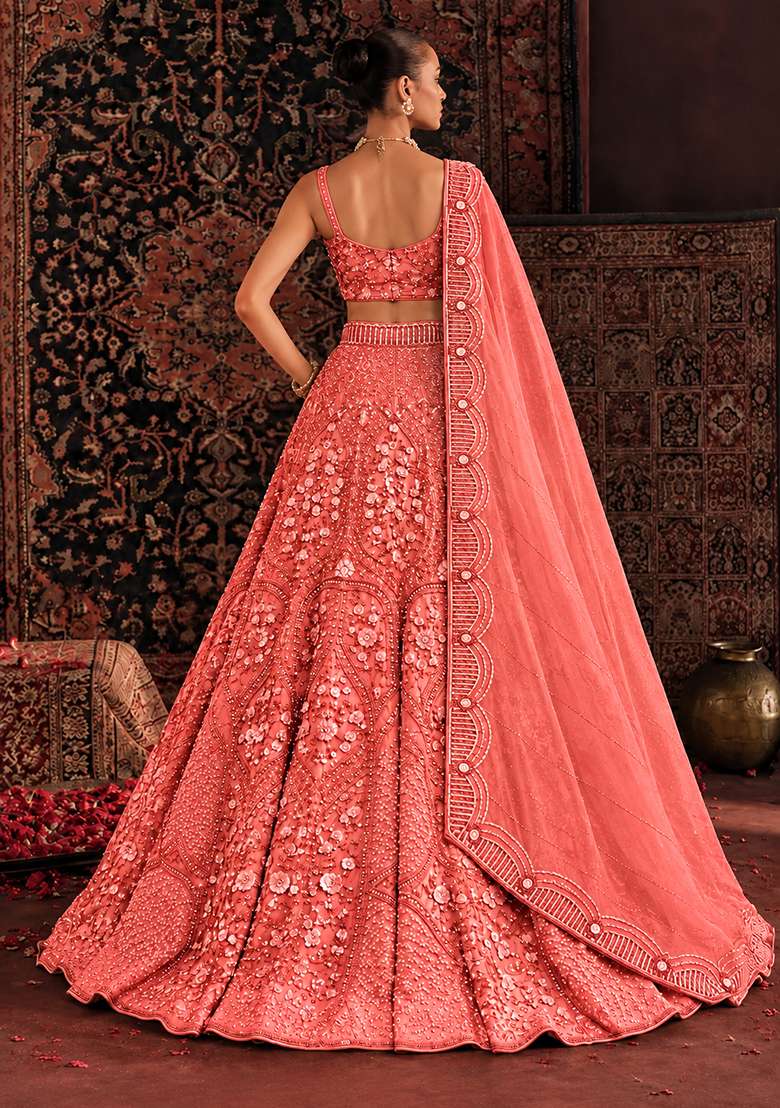 Salmon Pink Sequin and Cutdana Embellished Net Lehenga Set with Matching Dupatta - Indya