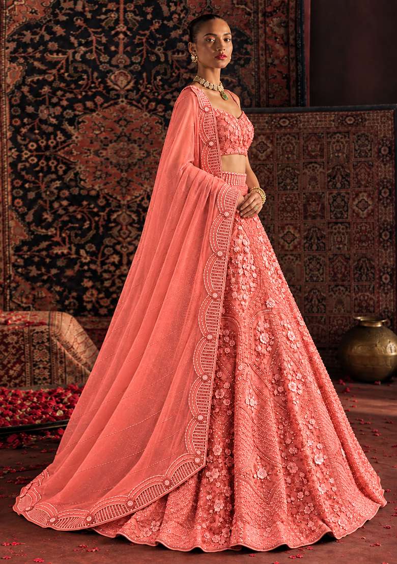 Salmon Pink Sequin and Cutdana Embellished Net Lehenga Set with Matching Dupatta - Indya