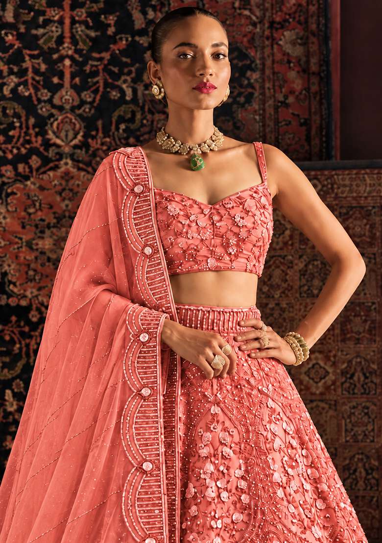 Salmon Pink Sequin and Cutdana Embellished Net Lehenga Set with Matching Dupatta - Indya