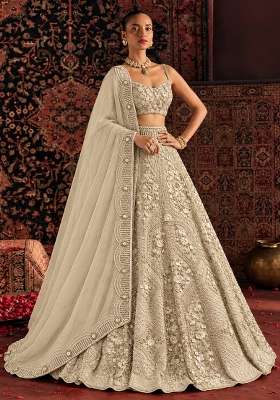 Light Beige Sequin and Cutdana Embellished Net Lehenga Set with Matching Dupatta