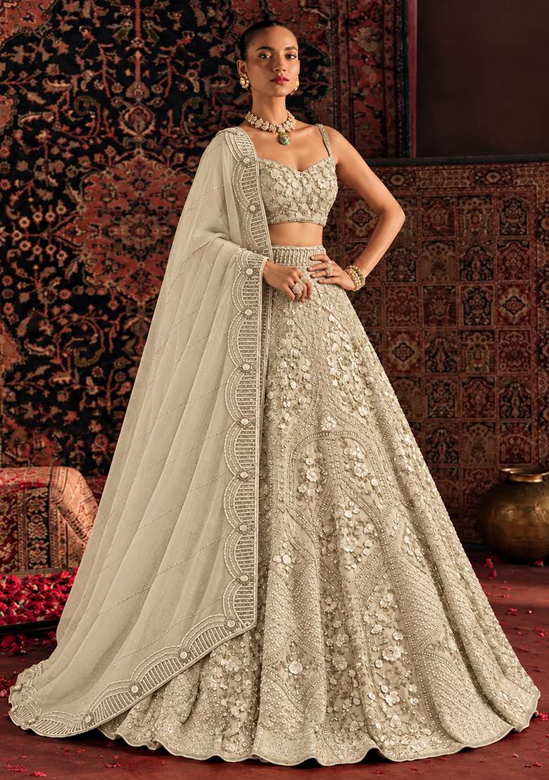Light Beige Sequin and Cutdana Embellished Net Lehenga Set with Matching Dupatta - Indya