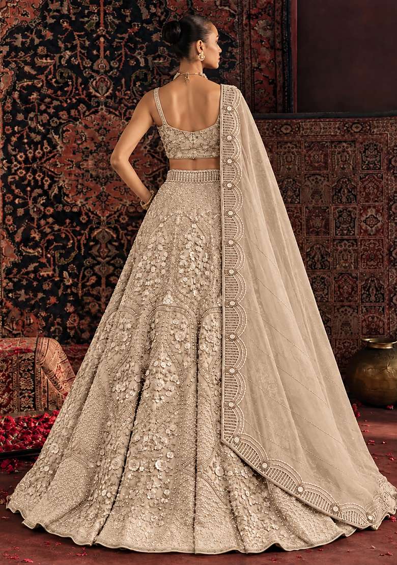 Light Beige Sequin and Cutdana Embellished Net Lehenga Set with Matching Dupatta - Indya