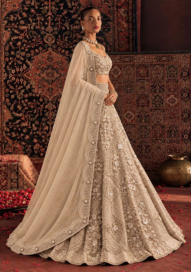 Light Beige Sequin and Cutdana Embellished Net Lehenga Set with Matching Dupatta - Indya