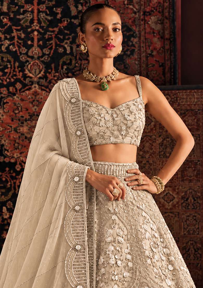Light Beige Sequin and Cutdana Embellished Net Lehenga Set with Matching Dupatta - Indya