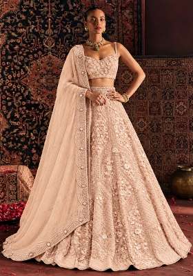 Light Peach Sequin and Cutdana Embellished Net Lehenga Set with Matching Dupatta