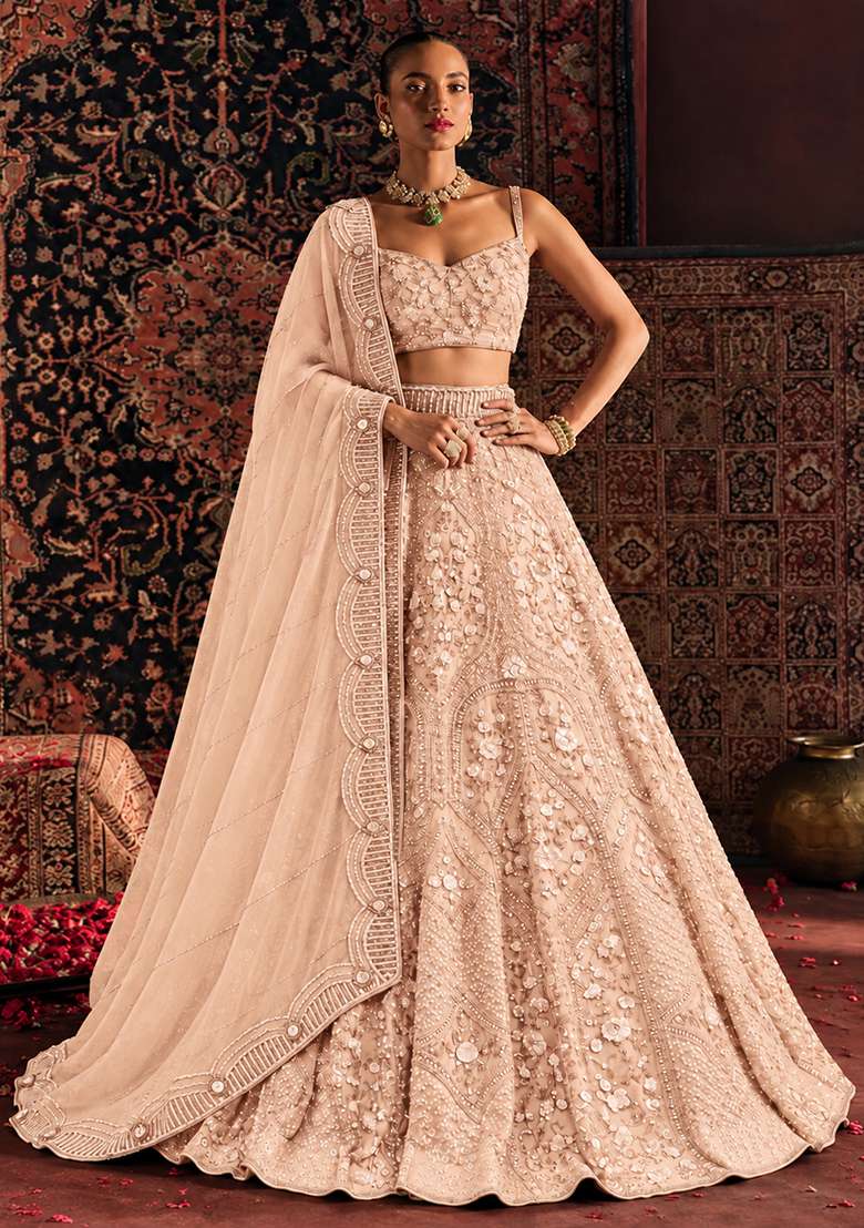 Light Peach Sequin and Cutdana Embellished Net Lehenga Set with Matching Dupatta - Indya
