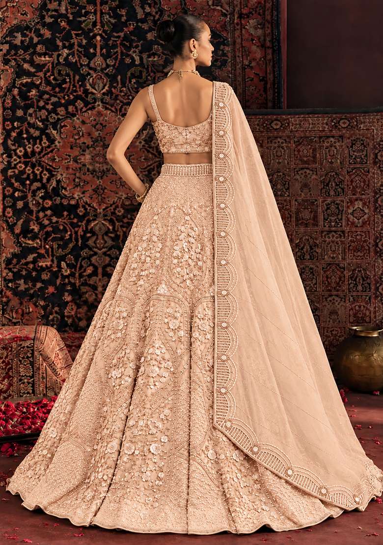 Light Peach Sequin and Cutdana Embellished Net Lehenga Set with Matching Dupatta - Indya