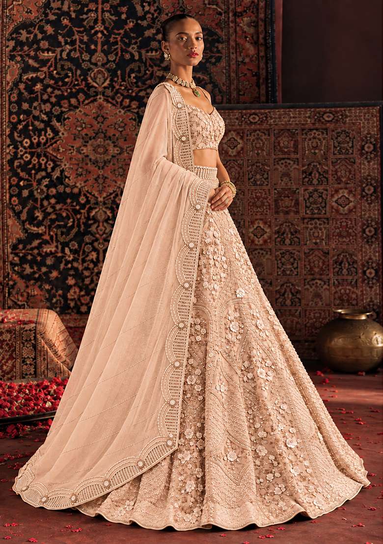 Light Peach Sequin and Cutdana Embellished Net Lehenga Set with Matching Dupatta - Indya