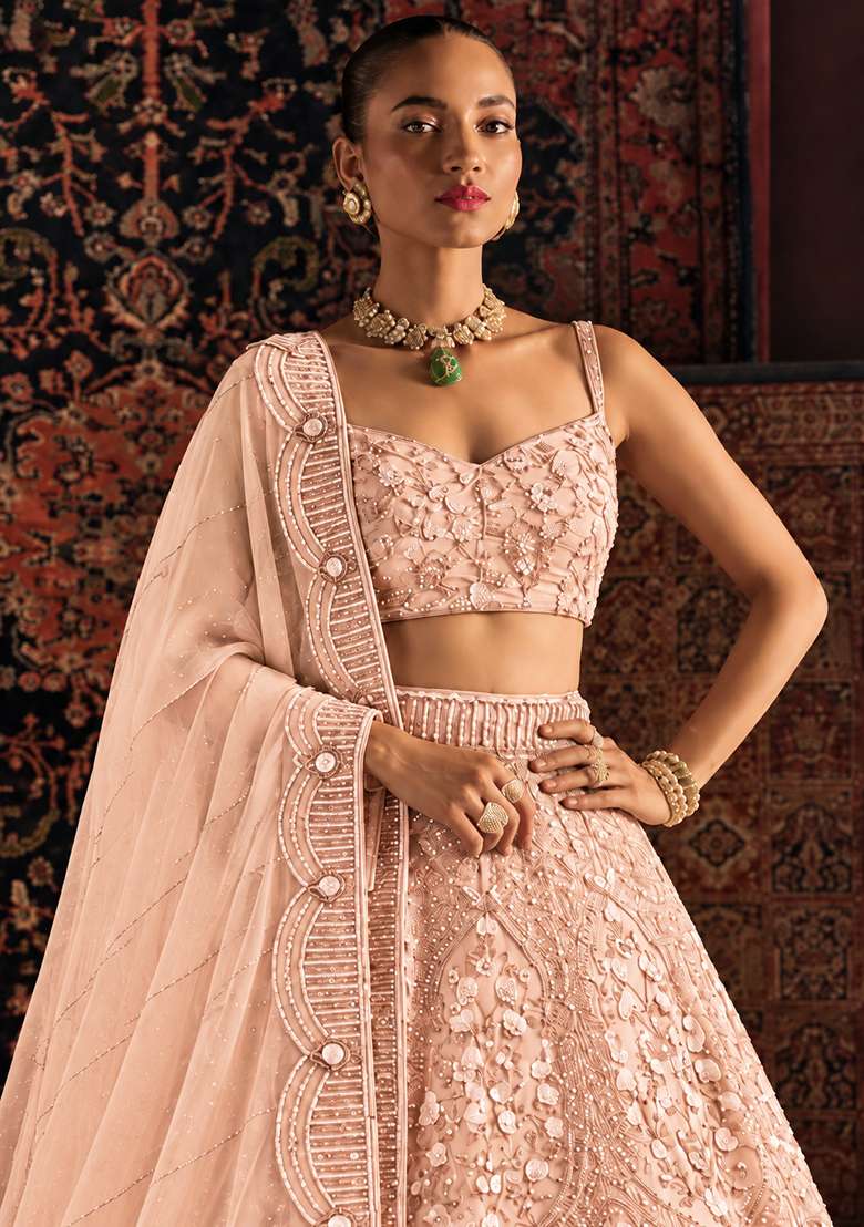 Light Peach Sequin and Cutdana Embellished Net Lehenga Set with Matching Dupatta - Indya