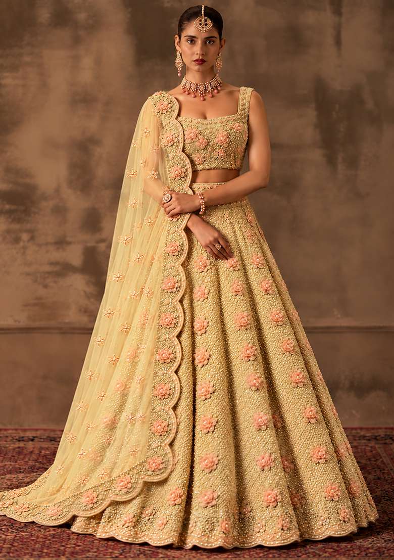 Soft Yellow Sequin and Cutdana Embellished Net Lehenga Set with Matching Dupatta - Indya