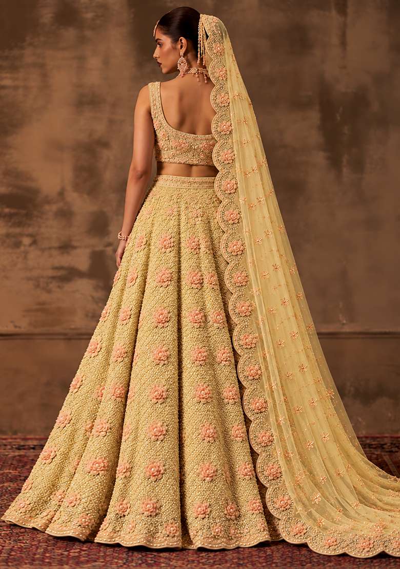 Soft Yellow Sequin and Cutdana Embellished Net Lehenga Set with Matching Dupatta - Indya