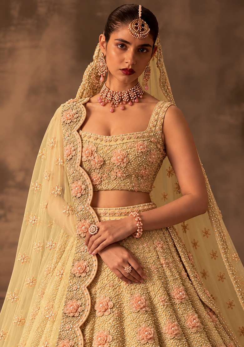 Soft Yellow Sequin and Cutdana Embellished Net Lehenga Set with Matching Dupatta - Indya