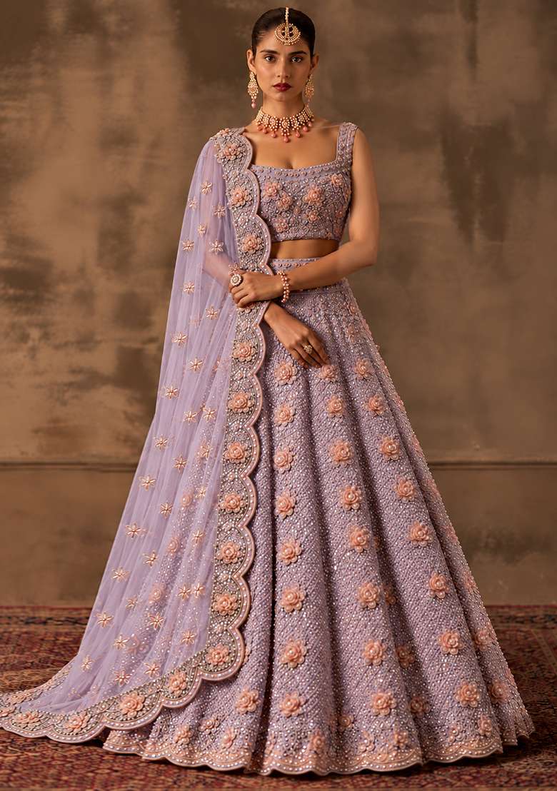 Lavender Sequin and Cutdana Embellished Net Lehenga Set with Matching Dupatta BWL00055 - Indya