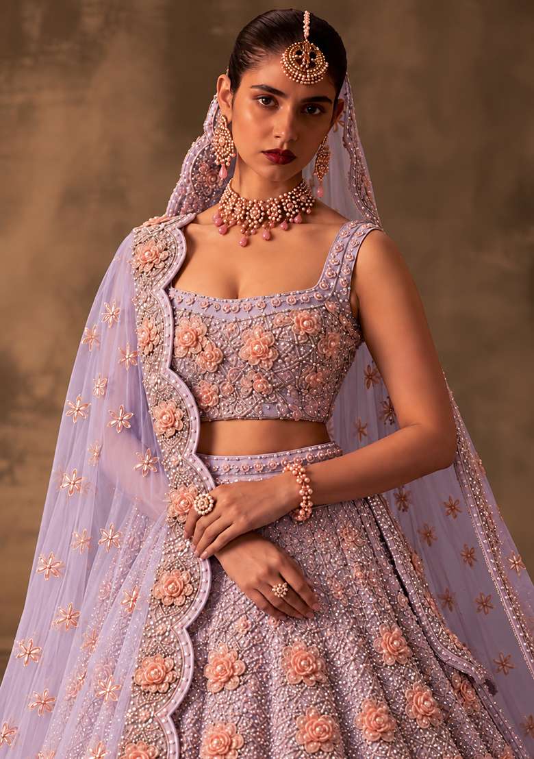 Lavender Sequin and Cutdana Embellished Net Lehenga Set with Matching Dupatta BWL00055 - Indya