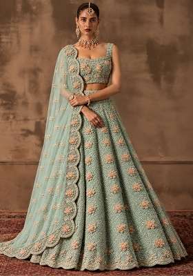 Aqua Blue Sequin and Cutdana Embellished Net Lehenga Set with Matching Dupatta